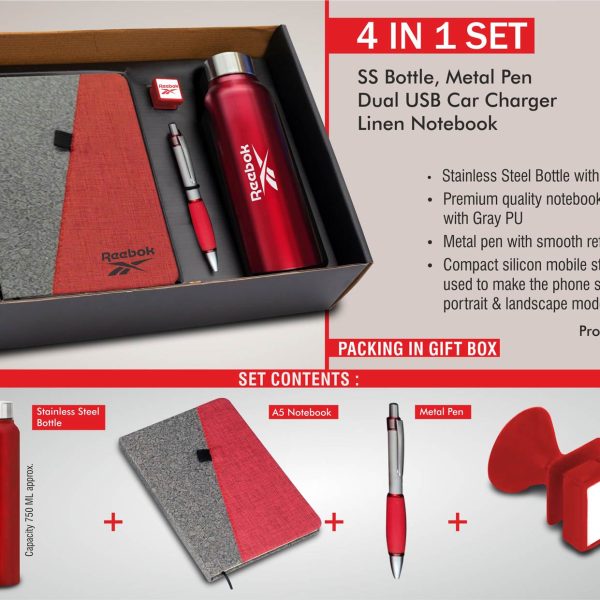 4 in 1 set: Steel bottle, Metal pen, Silicon mobile stand, Linen binary notebook