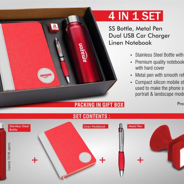 4 in 1 set: Steel bottle, Metal pen, Silicon mobile stand, Linen round patch notebook