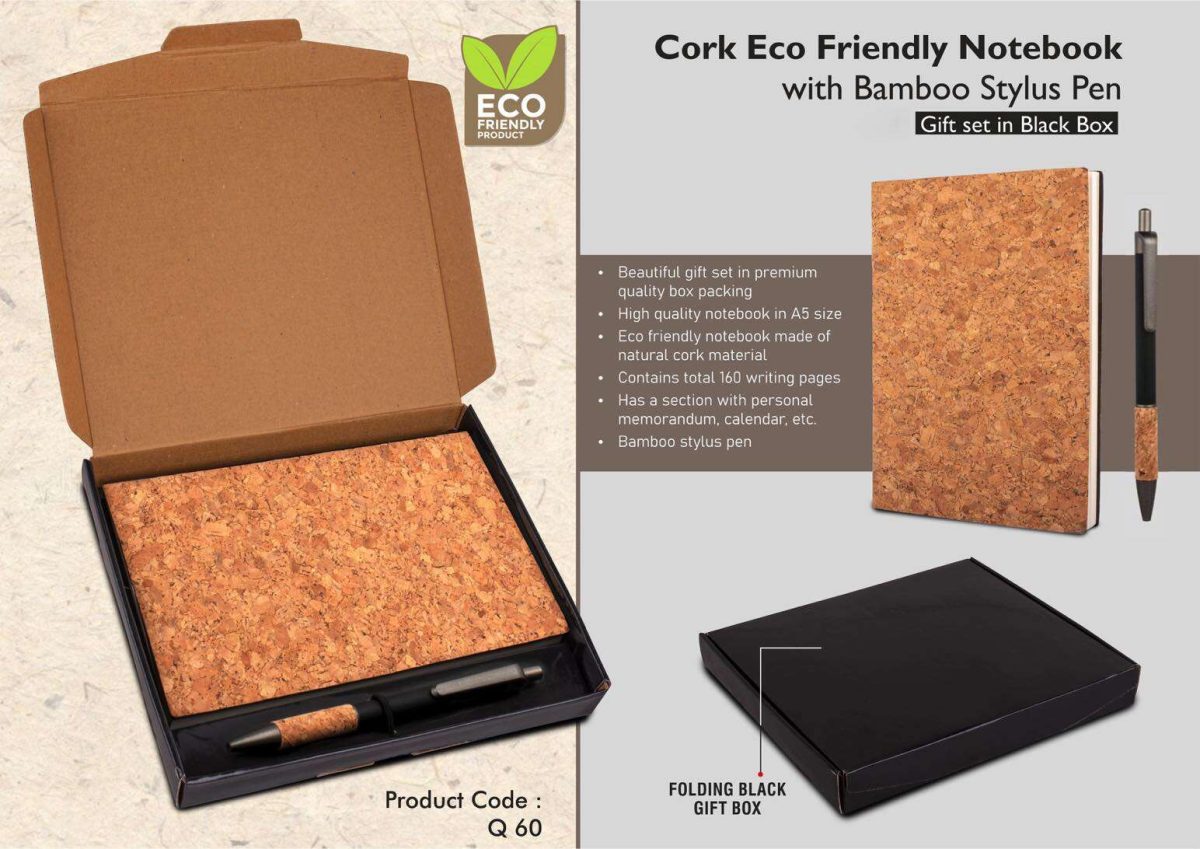 Cork Notebook with Cork Grip Velvet touch pen | Gift set in Black box - Image 1