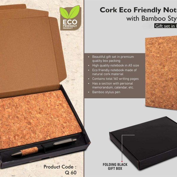Cork Notebook with Cork Grip Velvet touch pen | Gift set in Black box