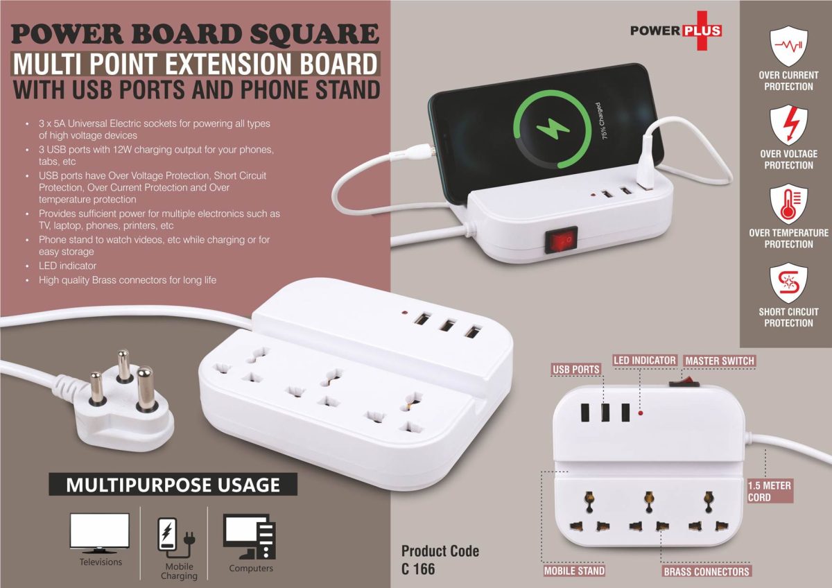 Power Board Square: Multi point extension board with USB ports and phone stand - Image 1