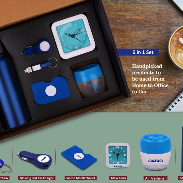 6 in 1 set: Steel Water bottle (750ml), Silicon mobile wallet, Charging cable with keychain, Glowing Car charger, Glow Clock, Large Air freshener
