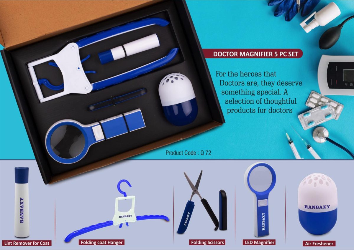 Doctor Magnifier set: Folding Coat hanger, Lint remover, Folding scissors, LED Magnifier, Capsule shape Air freshener | 5 pc set - Image 1