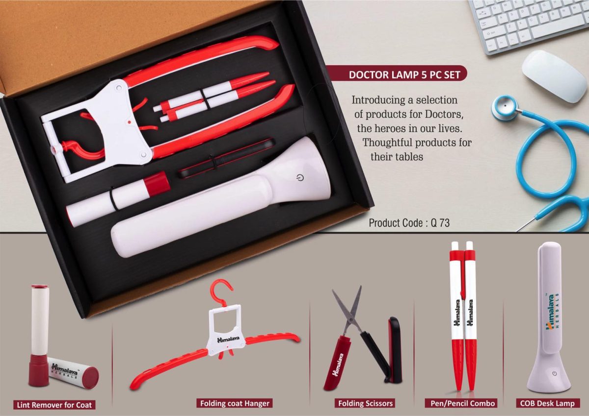 Doctor Lamp set: Folding Coat hanger, Lint remover, Folding scissors, Pen/Pencil combo, COB Desk lamp | 5 pc set - Image 1