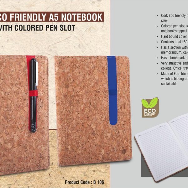 Cork Eco friendly A5 notebook with Colored pen slot | Hard bound cover | With memorandum & Bookmark ribbon| 80 gsm sheets | 160 undated pages
