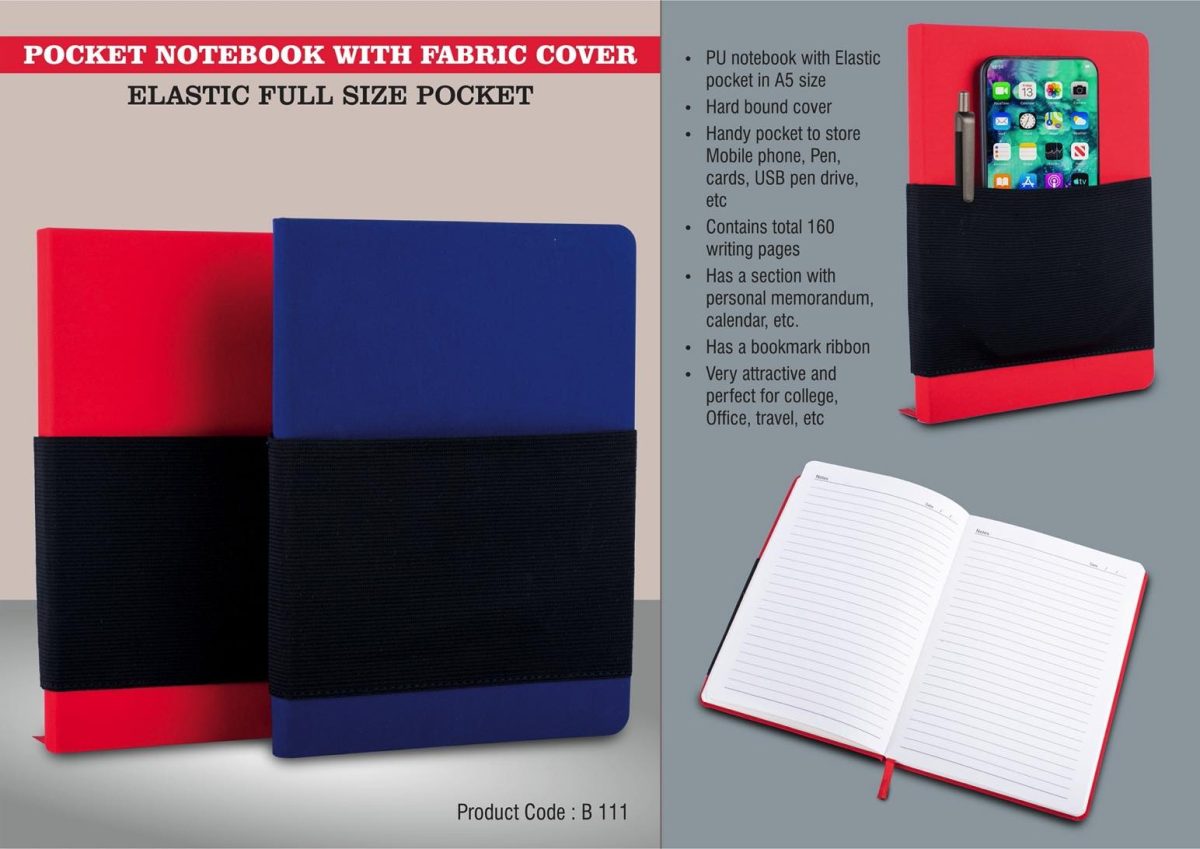 Pocket notebook with Fabric cover | Elastic full size pocket | A5 size | Hard bound cover | With memorandum & Bookmark ribbon| 80 gsm sheets | 160 undated pages - Image 1