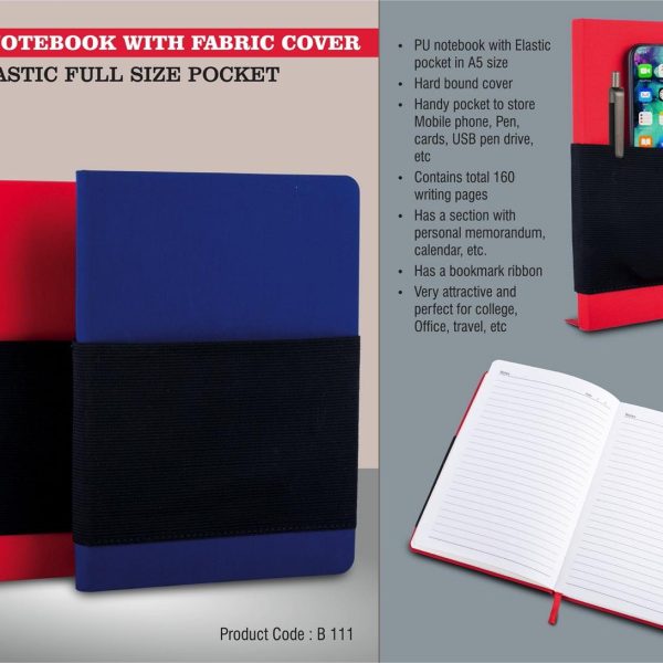 Pocket notebook with Fabric cover | Elastic full size pocket | A5 size | Hard bound cover | With memorandum & Bookmark ribbon| 80 gsm sheets | 160 undated pages
