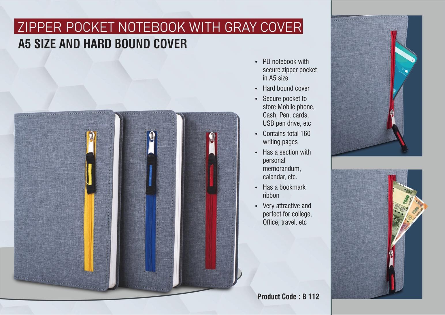 Zipper pocket notebook with Gray cover | A5 size | Hard bound cover ...