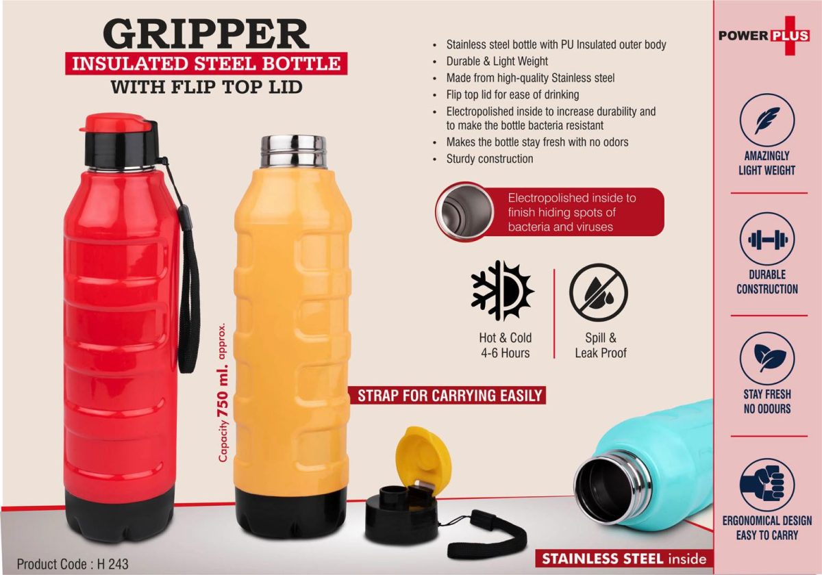 h243.jpg Gripper: Insulated Steel Bottle with Flip top lid | Keeps Hot & Cold for 4-6 Hours | Strap for Carrying easily | Capacity 750 ml approx - Image 1