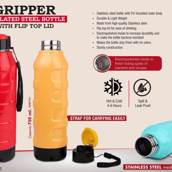 Gripper: Insulated Steel Bottle with Flip top lid | Keeps Hot & Cold for 4-6 Hours | Strap for Carrying easily | Capacity 750 ml approx