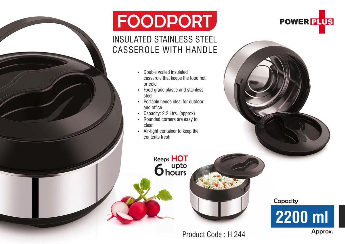 Foodport: Insulated Stainless Steel casserole with handle | Keeps hot for upto 6 hours | Capacity 2200ml approx - Image 1
