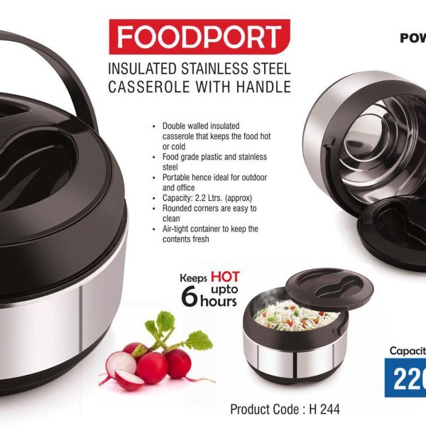 Foodport: Insulated Stainless Steel casserole with handle | Keeps hot for upto 6 hours | Capacity 2200ml approx