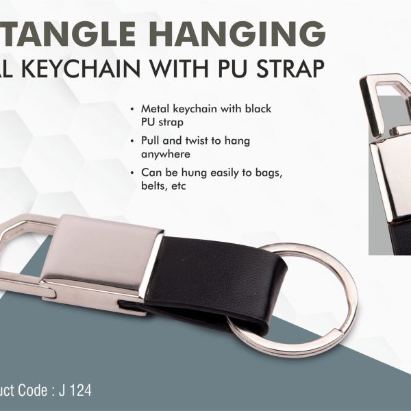 Rectangle hanging metal keychain with PU strap
