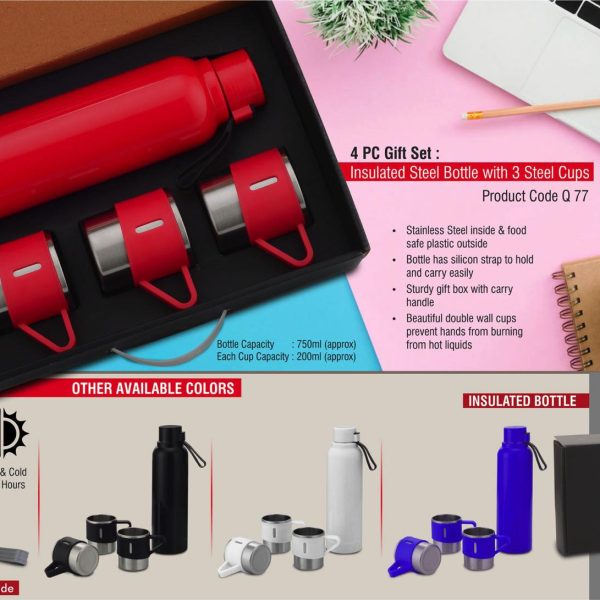 4 pc Gift Set : Insulated Steel bottle with 3 Steel cups | Keeps hot for 4-6 hours | Heavy Gift box with Handle