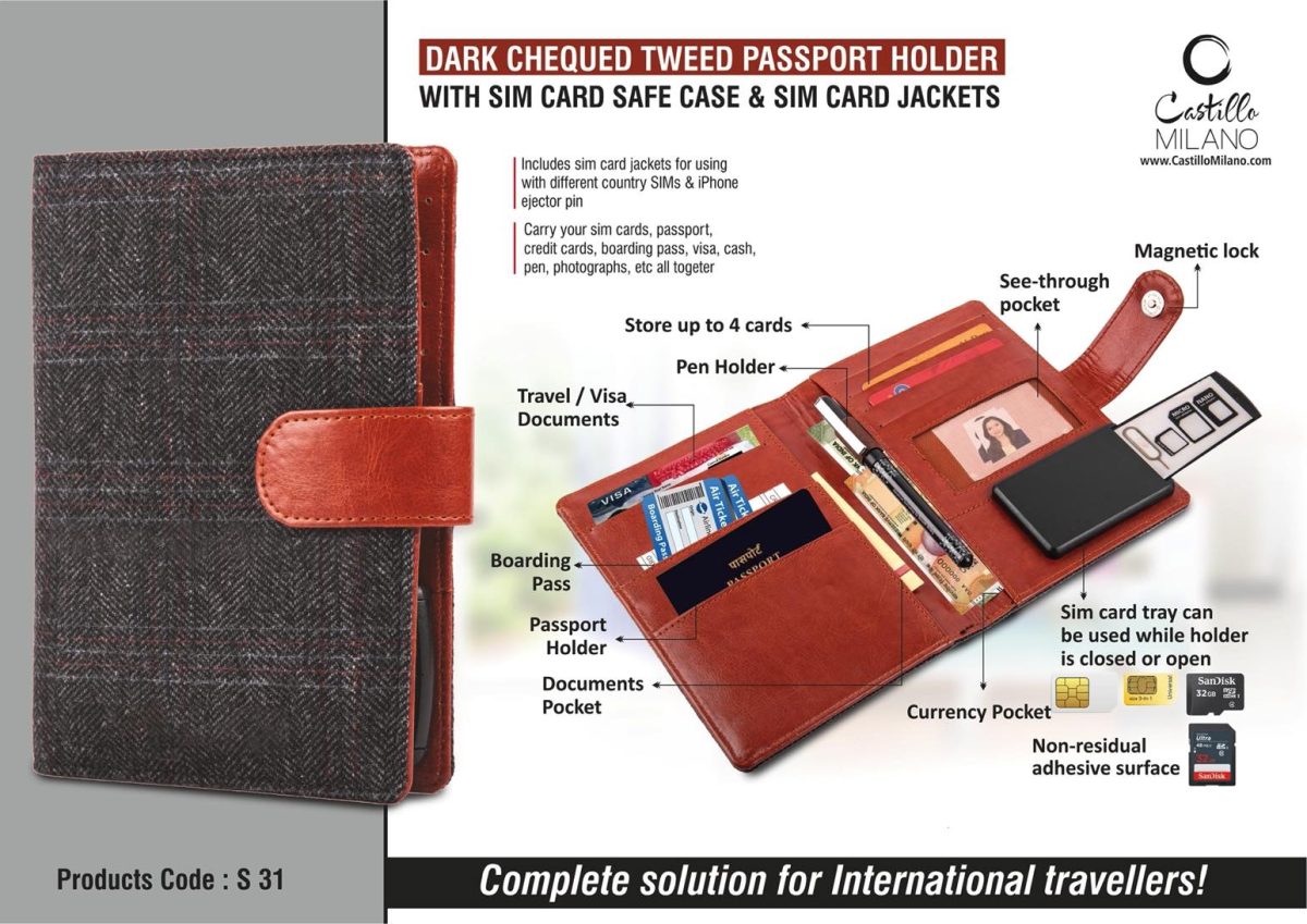 s31.jpg Dark Chequed Tweed Passport holder with Sim Card Safe Case & Sim Card Jackets - Image 1