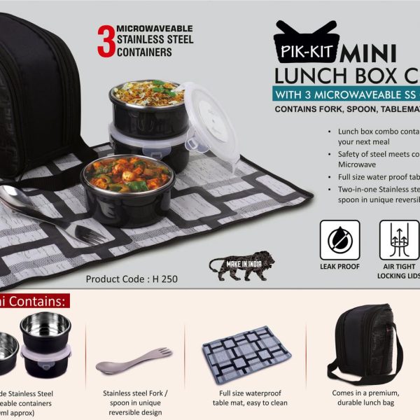 PIK-KIT mini: Lunch box combo with 3 Microwaveable SS containers | Contains Fork, Spoon, Tablemat, Premium Bag