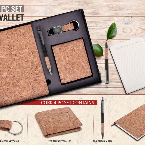 Cork 4 pc set: Cork notebook with Wallet, pen and keychain