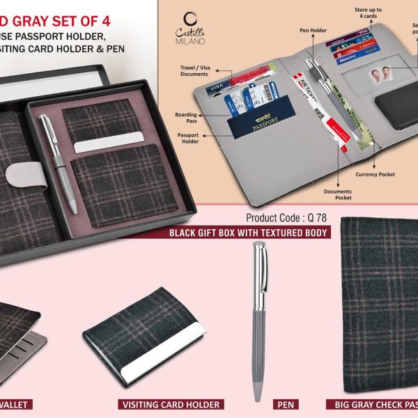 Tweed Gray Set of 4: Multi use Passport holder, Wallet, Card holder, Metal Pen
