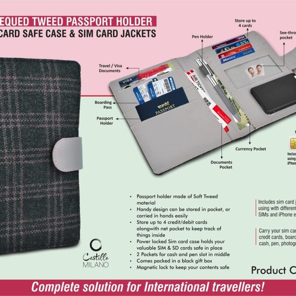 Gray Chequed Tweed Passport holder with Sim Card Safe Case & Sim Card Jackets