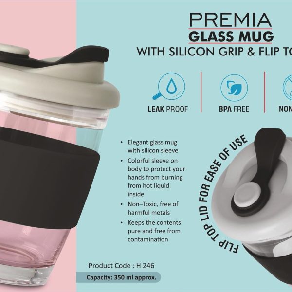 Premia: Glass mug with Silicon grip & Flip Top lid | Capacity: 350 ml
