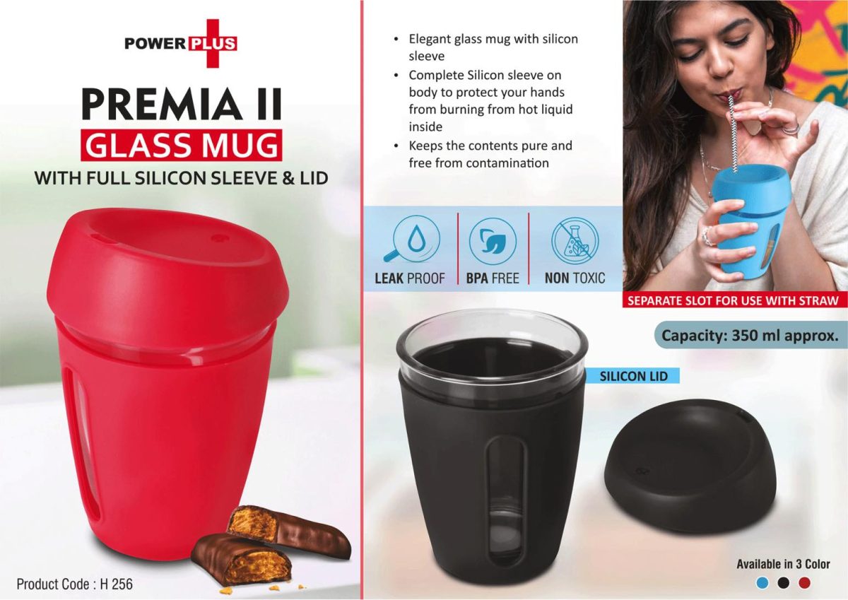 Premia II: Glass mug with Full Silicon Sleeve & lid | Capacity: 350 ml - Image 1