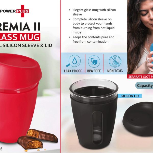 Premia II: Glass mug with Full Silicon Sleeve & lid | Capacity: 350 ml