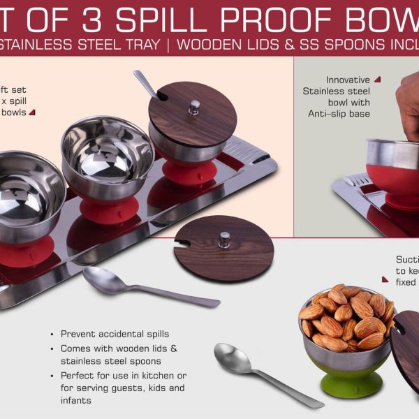 Set of 3 Spill Proof Bowls with Stainless Steel Tray | Wooden Lids & SS Spoons included