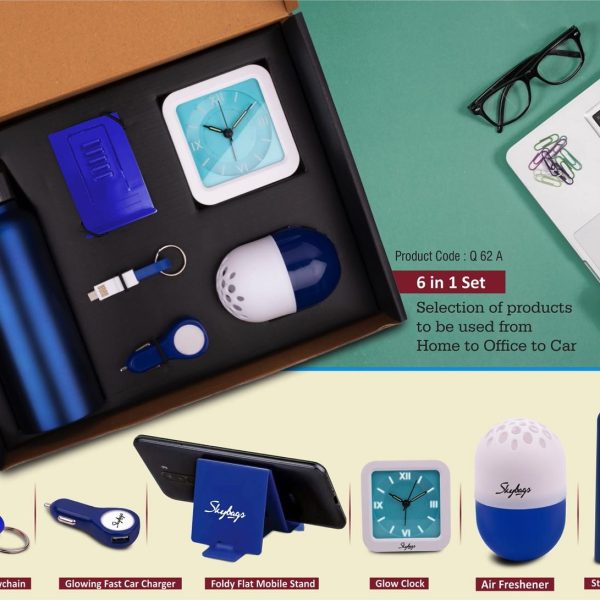 6 in 1 set: Steel Water bottle (750ml), Adjustable mobile stand, Charging cable with keychain, Glowing Car charger, Glow Clock, Air freshener
