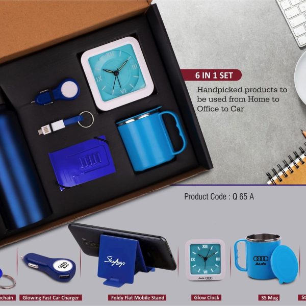 6 in 1 set: Steel Water bottle (750ml), Adjustable mobile stand, Charging cable with keychain, Glowing Car charger, Glow Clock, SS mug