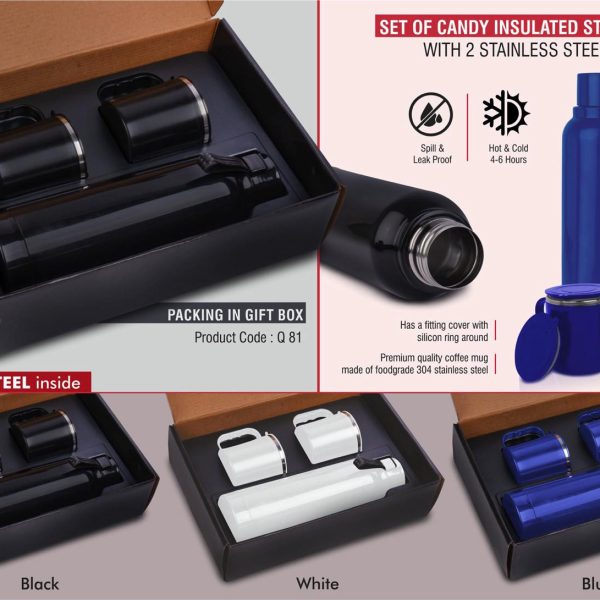Set of Candy Insulated Steel Bottle with 2 Stainless Steel cups in Gift box | Keeps hot/cold upto 6 hours | Exclusive blister packing