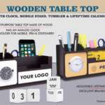 Wooden Table top with Clock, mobile stand, tumbler, and Lifetime Calendar | Branding included MOQ 200 pcs
