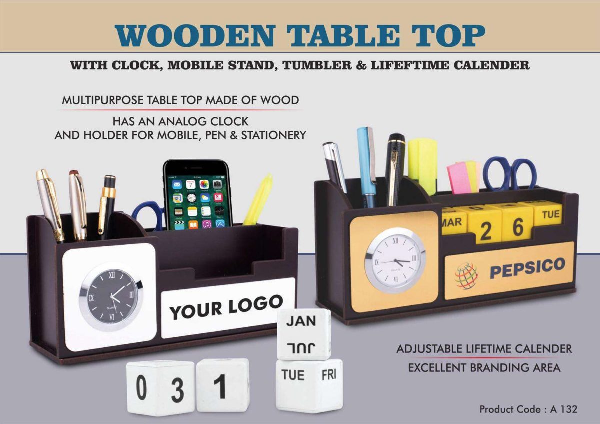Wooden Table top with Clock, mobile stand, tumbler, and Lifetime Calendar | Branding included MOQ 200 pcs - Image 1