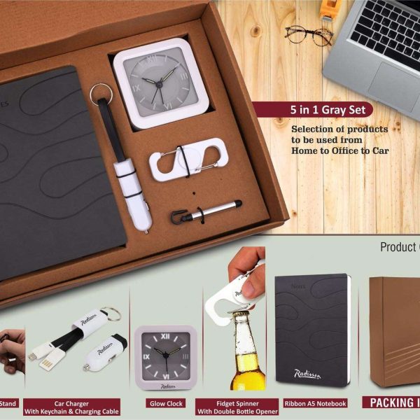 5 in 1 Gray set: Spinner with bottle opener, Keychain with Car charger and cable, Jack stylus with phone stand, Glow Clock and A5 PU notebook in Kraft Gift Box