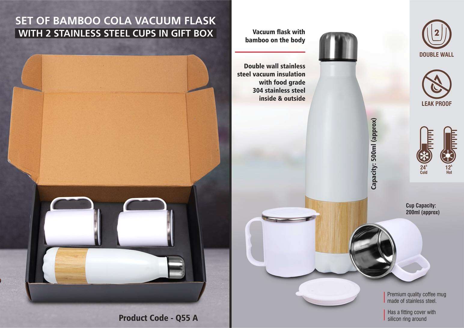 Set of Bamboo cola Vacuum Flask with 2 Stainless steel cups in Gift box -  Power Plus store