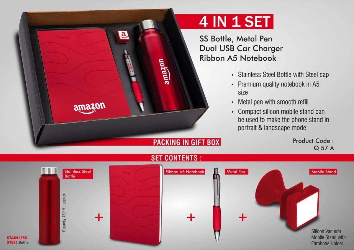 4 in 1 set: Steel bottle, Metal pen, Silicon mobile stand, Ribbon PU notebook - Image 1