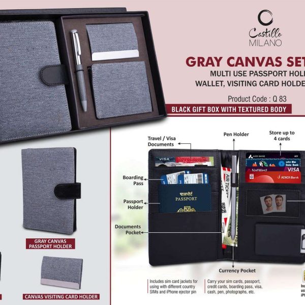 Canvas Gray Set of 4: Multi use Passport holder, Wallet, Card holder, Metal Pen