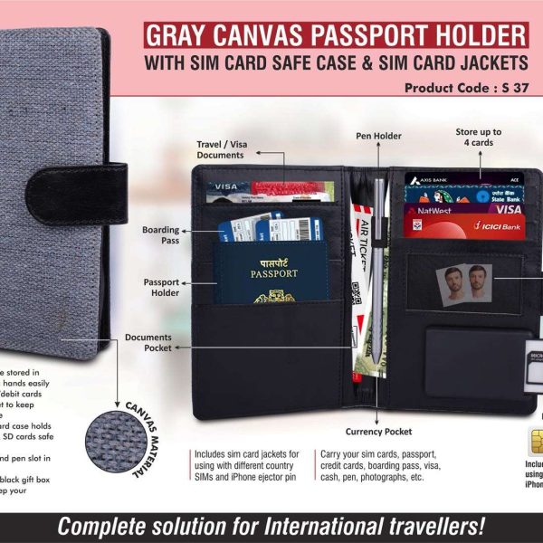 Gray Canvas Passport holder with Sim Card Safe Case & Sim Card Jackets