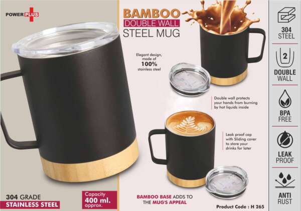 Bamboo Double wall Steel Mug with Leakproof Lid | 304 steel inside | Capacity 400 ml approx