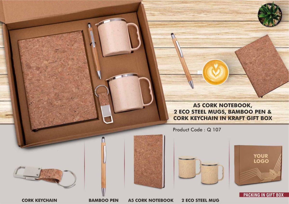 q107.jpg EcoSet 1: Set of A5 Cork notebook, 2 Eco Steel mugs, Bamboo Pen & Cork Keychain in Kraft Gift Box - Image 1