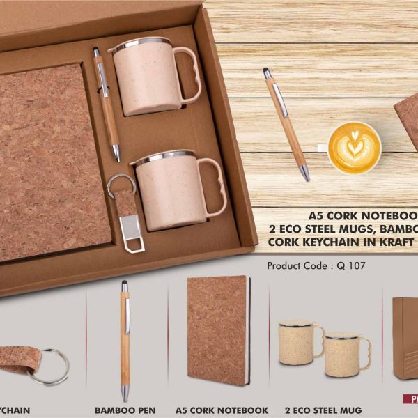 EcoSet 1: Set of A5 Cork notebook, 2 Eco Steel mugs, Bamboo Pen & Cork Keychain in Kraft Gift Box
