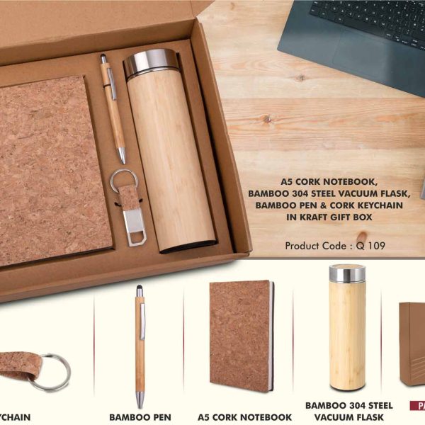 EcoSet 3: Set of A5 Cork notebook, Bamboo 304 Steel Vacuum Flask, Bamboo Pen & Cork Keychain in Kraft Gift Box