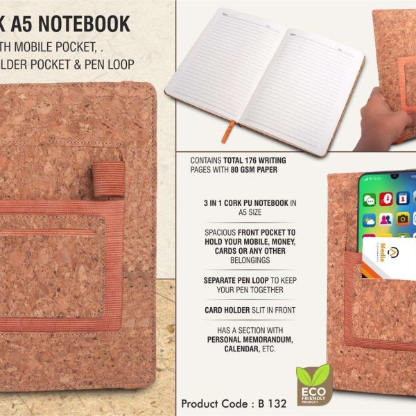 Cork A5 notebook with mobile pocket, card holder pocket & pen loop