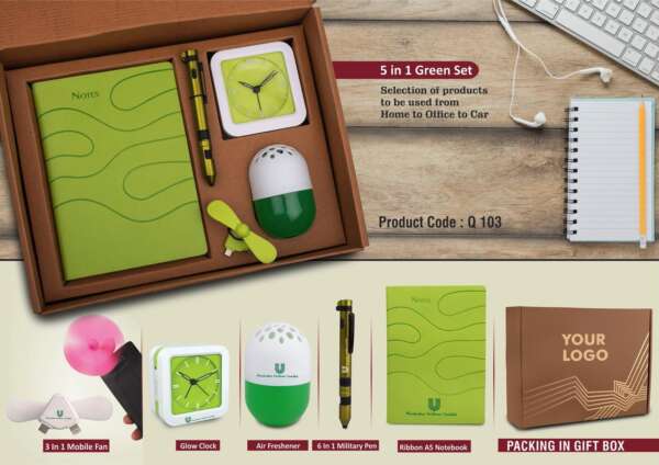 5 in 1 Green set: Air freshener (100 gm), Mobile Fan, 6 in 1 military pen, Glow Clock and A5 PU notebook in Kraft Gift Box