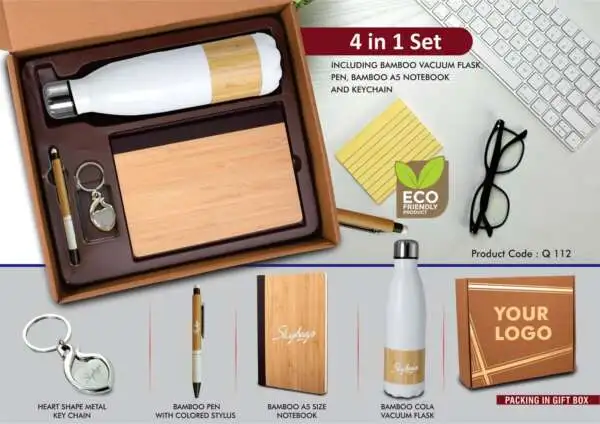 4 in 1 Bamboo set: Keychain, Bamboo vacuum flask, Bamboo pen and A5 bamboo cover notebook in Kraft Gift Box