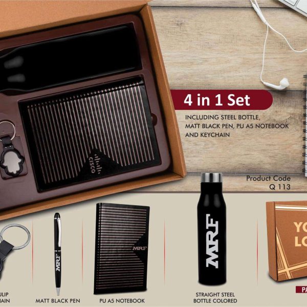 4 in 1 Black set: Tulip shape Keychain, SS Bottle, Metal Pen and A5 PU notebook in Kraft Gift Box
