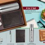 4 in 1 Gray set: Metal keychain, SS bottle, Metal Pen and A5 PU notebook in Kraft Gift Box