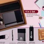 4 in 1 Dual Tone set: Rectangle metal keychain, SS colored bottle, Metal Pen and A5 PU notebook in Kraft Gift Box