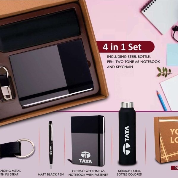 4 in 1 Dual Tone set: Rectangle metal keychain, SS colored bottle, Metal Pen and A5 PU notebook in Kraft Gift Box