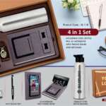 4 in 1 Gray set: Metal Keychain, SS natural bottle, Metal Pen and 4 in 1 notebook in Kraft Gift Box