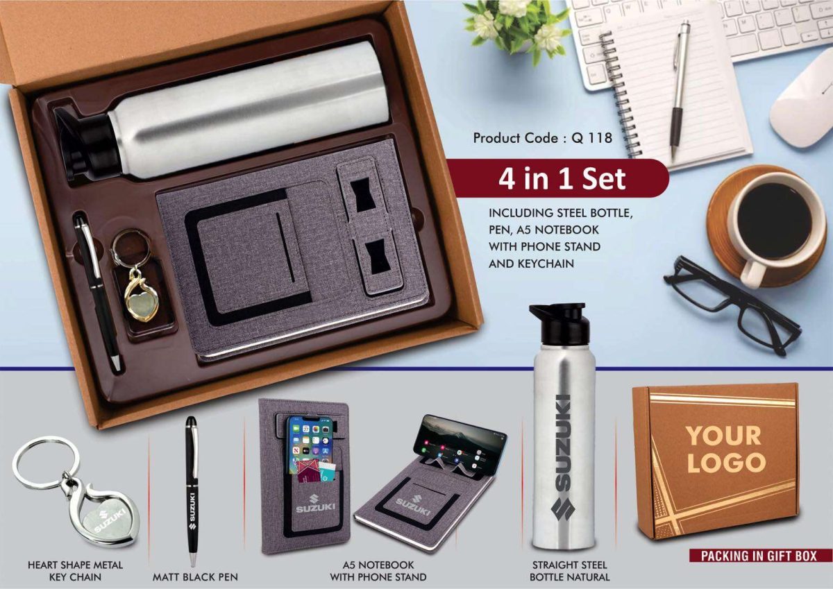 4 in 1 Gray set: Metal Keychain, SS natural bottle, Metal Pen and 4 in 1 notebook in Kraft Gift Box - Image 1